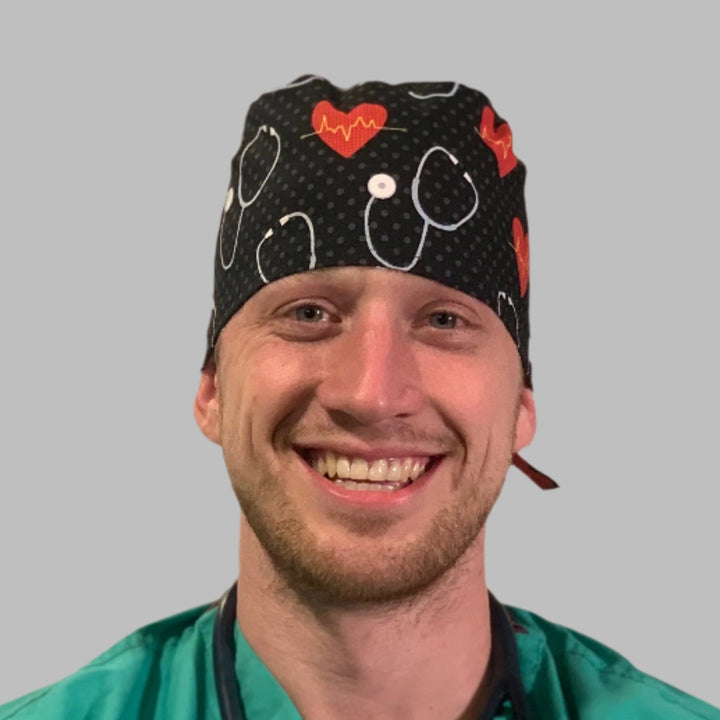 Cardiology Scrub Cap – Heartbeat EKG Hearts on Black | Nurse &amp; Doctor Surgical Cap