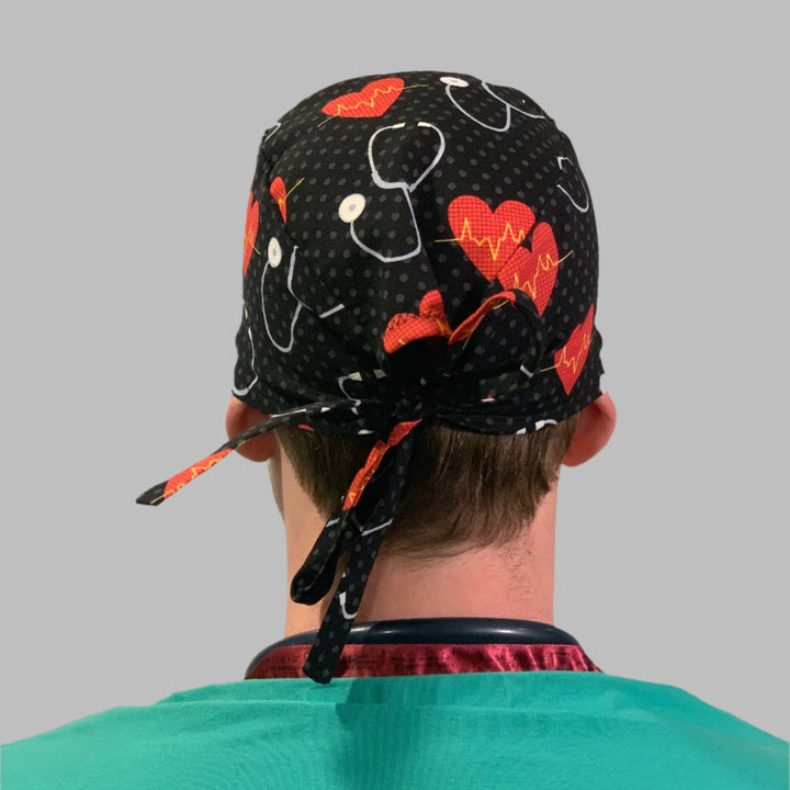 Cardiology Scrub Cap – Heartbeat EKG Hearts on Black | Nurse &amp; Doctor Surgical Cap
