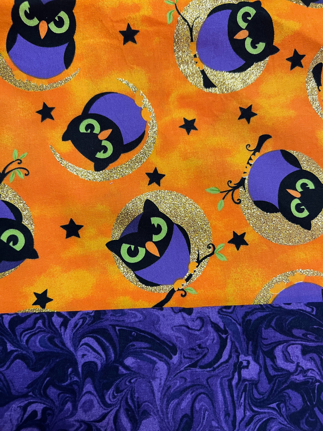 Halloween Owl Ponytail Scrub Cap | Orange &amp; Purple Fall Nurse Cap | Witch Owl Surgical Hat | Adjustable Nurse Gift | fabric view