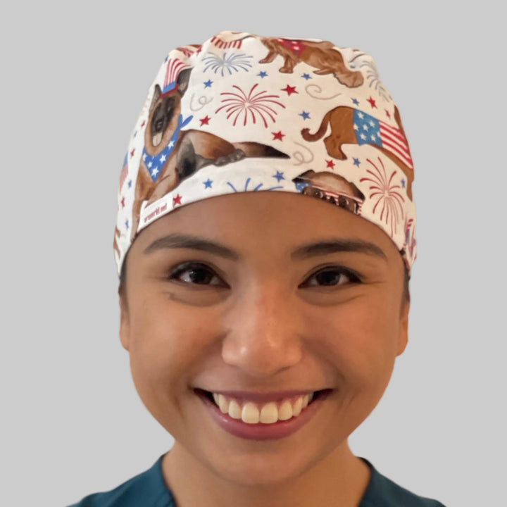 Patriotic Dog Scrub Cap | USA Flag Puppy Surgical Cap | Fireworks Nurse Hat | Tie Back Scrub Cap | Veterinary Scrub Hat | OR Cap