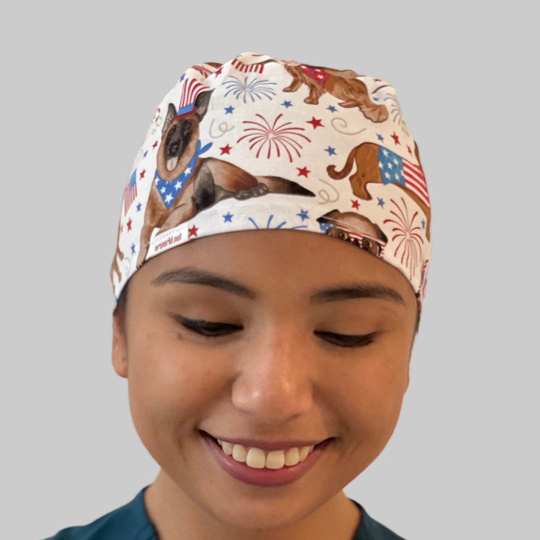 Patriotic Dog Scrub Cap | USA Flag Puppy Surgical Cap | Fireworks Nurse Hat | Tie Back Scrub Cap | Veterinary Scrub Hat | OR Cap