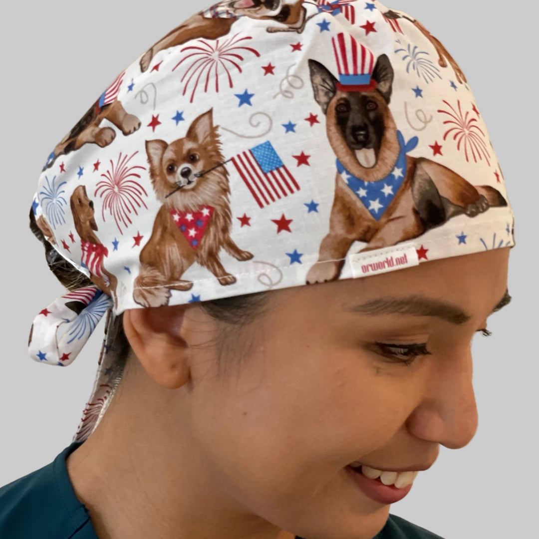 Patriotic Dog Scrub Cap | USA Flag Puppy Surgical Cap | Fireworks Nurse Hat | Tie Back Scrub Cap | Veterinary Scrub Hat | OR Cap