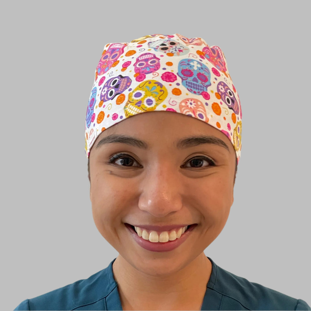 Colorful Sugar Skull Scrub Cap – Day of the Dead Surgical Hat – Floral Skull Medical Cap, Halloween Nurse Hat