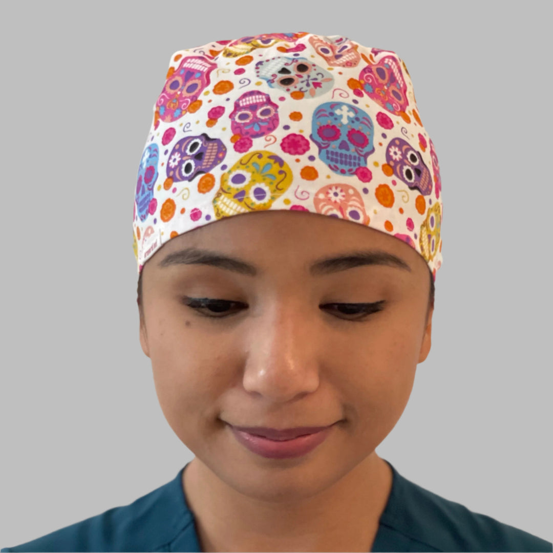 Colorful Sugar Skull Scrub Cap – Day of the Dead Surgical Hat – Floral Skull Medical Cap, Halloween Nurse Hat