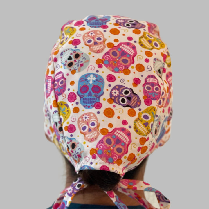 Colorful Sugar Skull Scrub Cap – Day of the Dead Surgical Hat – Floral Skull Medical Cap, Halloween Nurse Hat