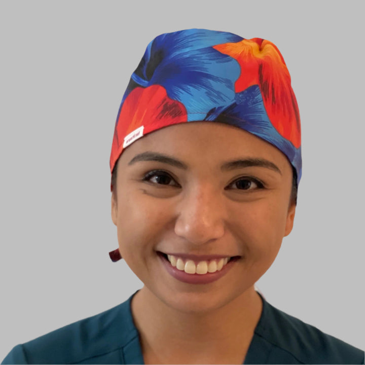 Blue &amp; Orange Hawaiian Scrub Cap | Tropical Hibiscus Surgical Cap for Nurses