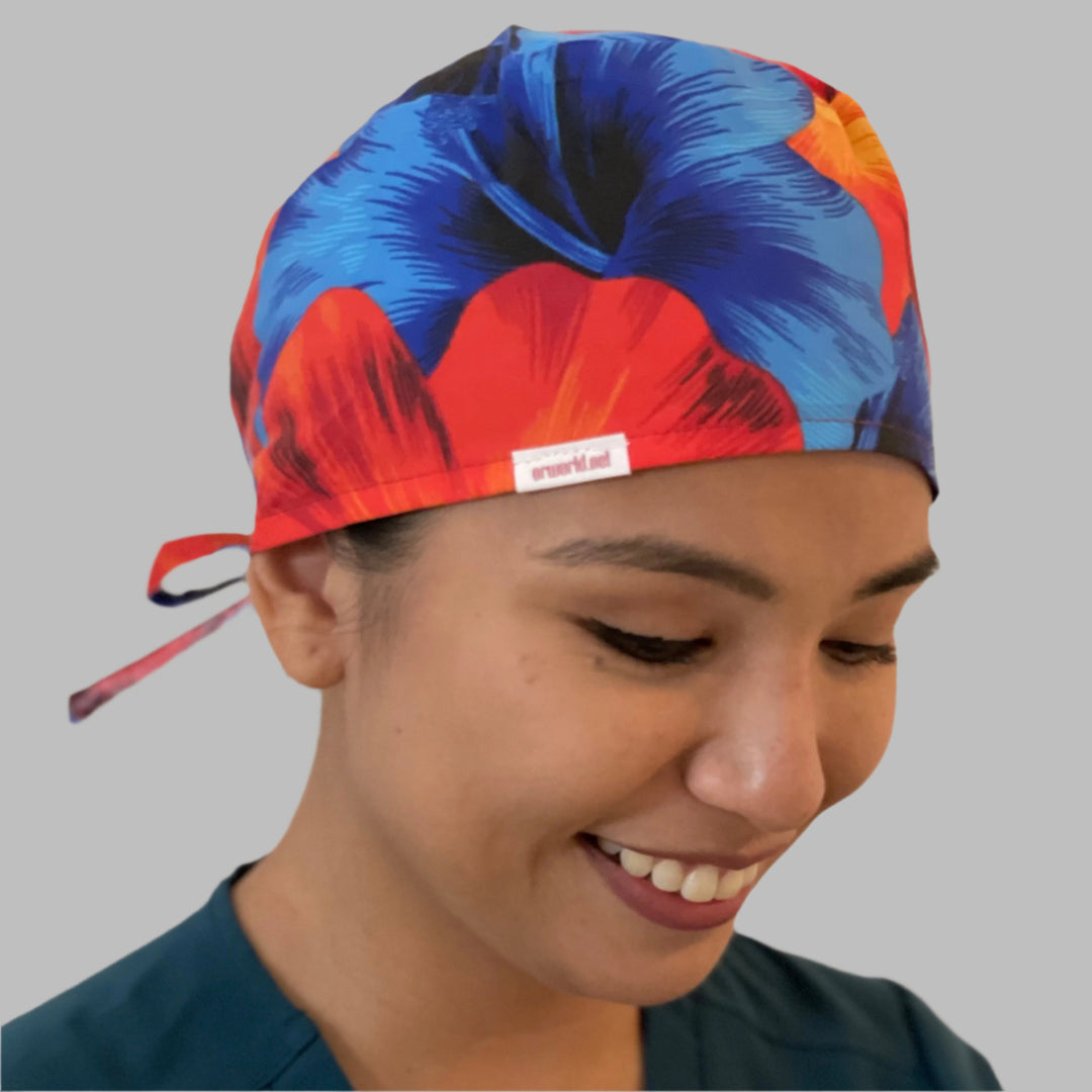 Blue &amp; Orange Hawaiian Scrub Cap | Tropical Hibiscus Surgical Cap for Nurses