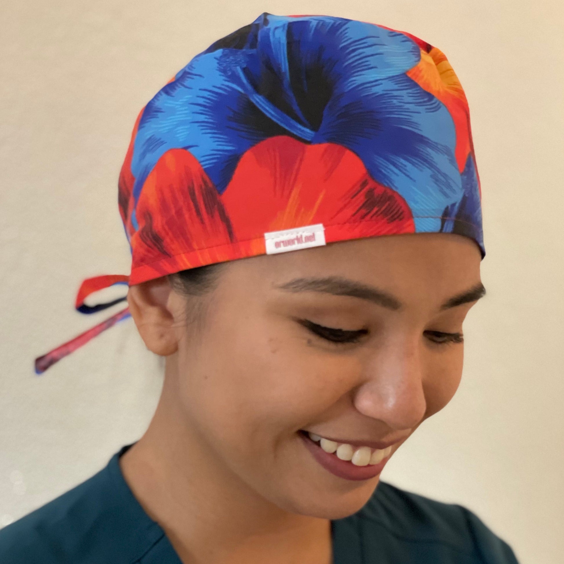 Scrub Cap - Hawaiian Orange & Blue Hibiscus