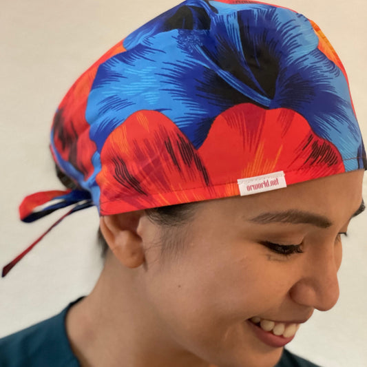 Scrub Cap - Hawaiian Orange & Blue Hibiscus