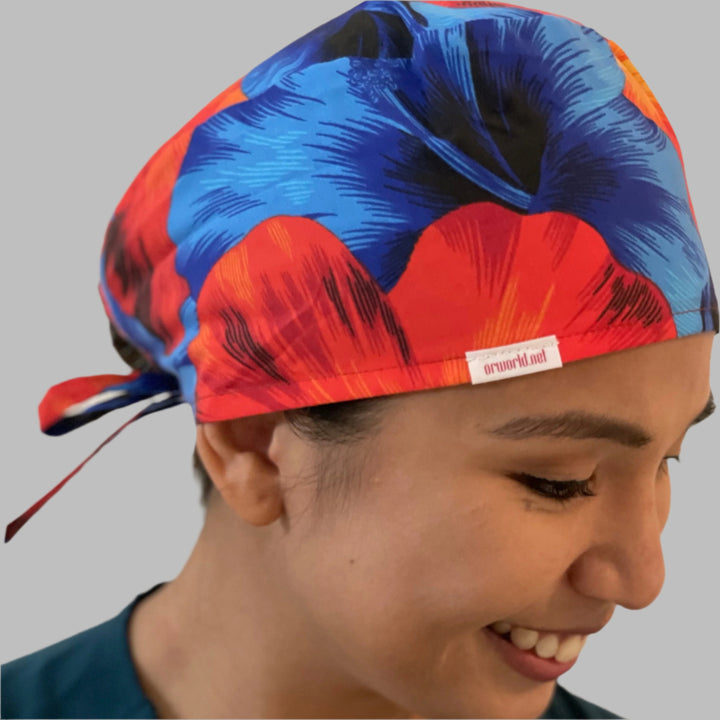 Blue &amp; Orange Hawaiian Scrub Cap | Tropical Hibiscus Surgical Cap for Nurses
