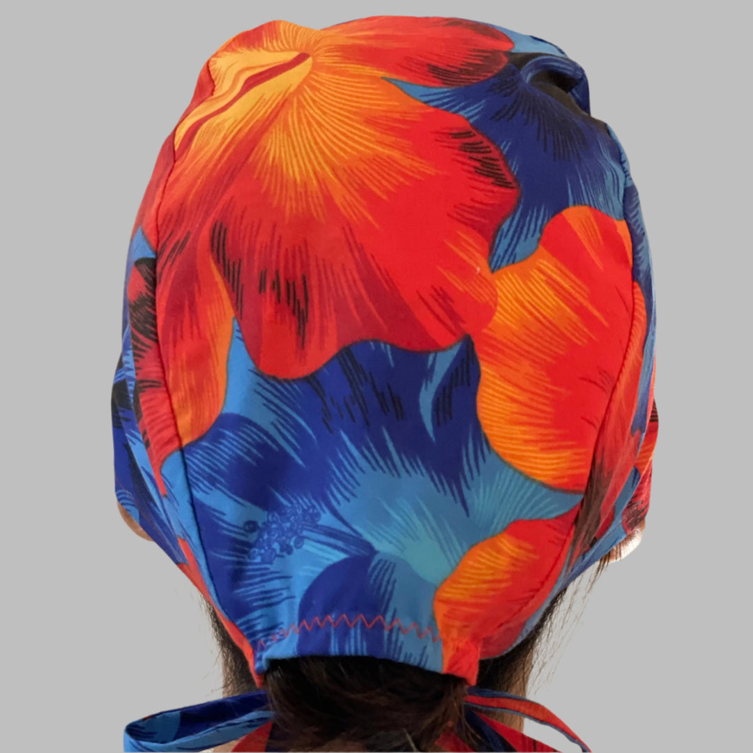 Blue &amp; Orange Hawaiian Scrub Cap | Tropical Hibiscus Surgical Cap for Nurses