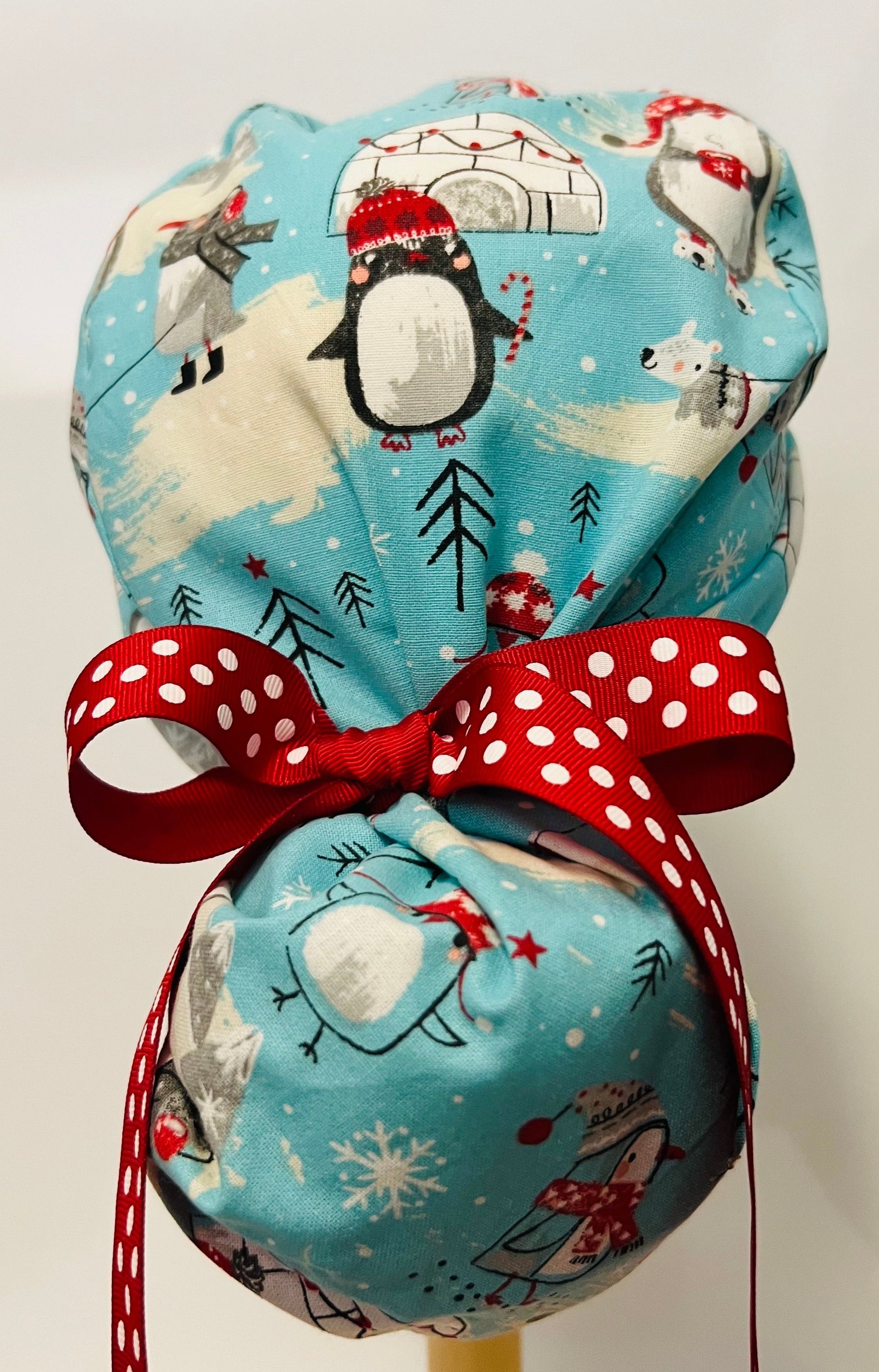 Ponytail Style hat-Penguins-Igloos with red polka dot ribbon ties
