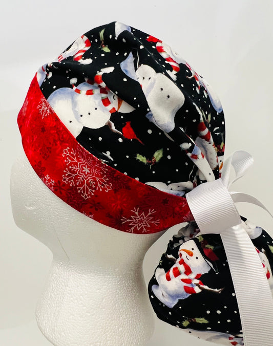 Ponytail style hat-Snowmen with white ribbon ties