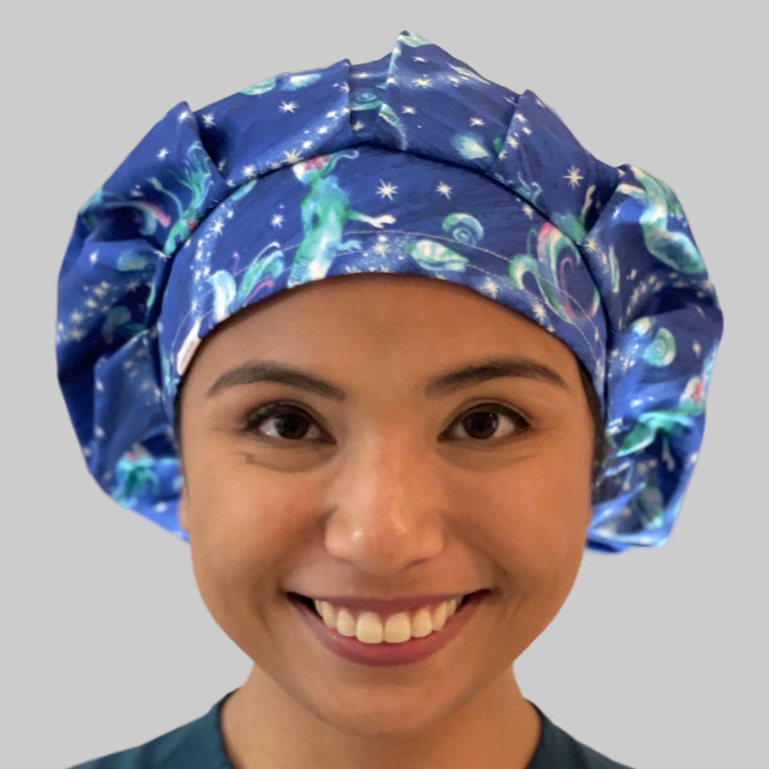 Bouffant Scrub Cap – Mermaid Ocean Galaxy Design – Starry Sea Surgical Hat for Long Hair
