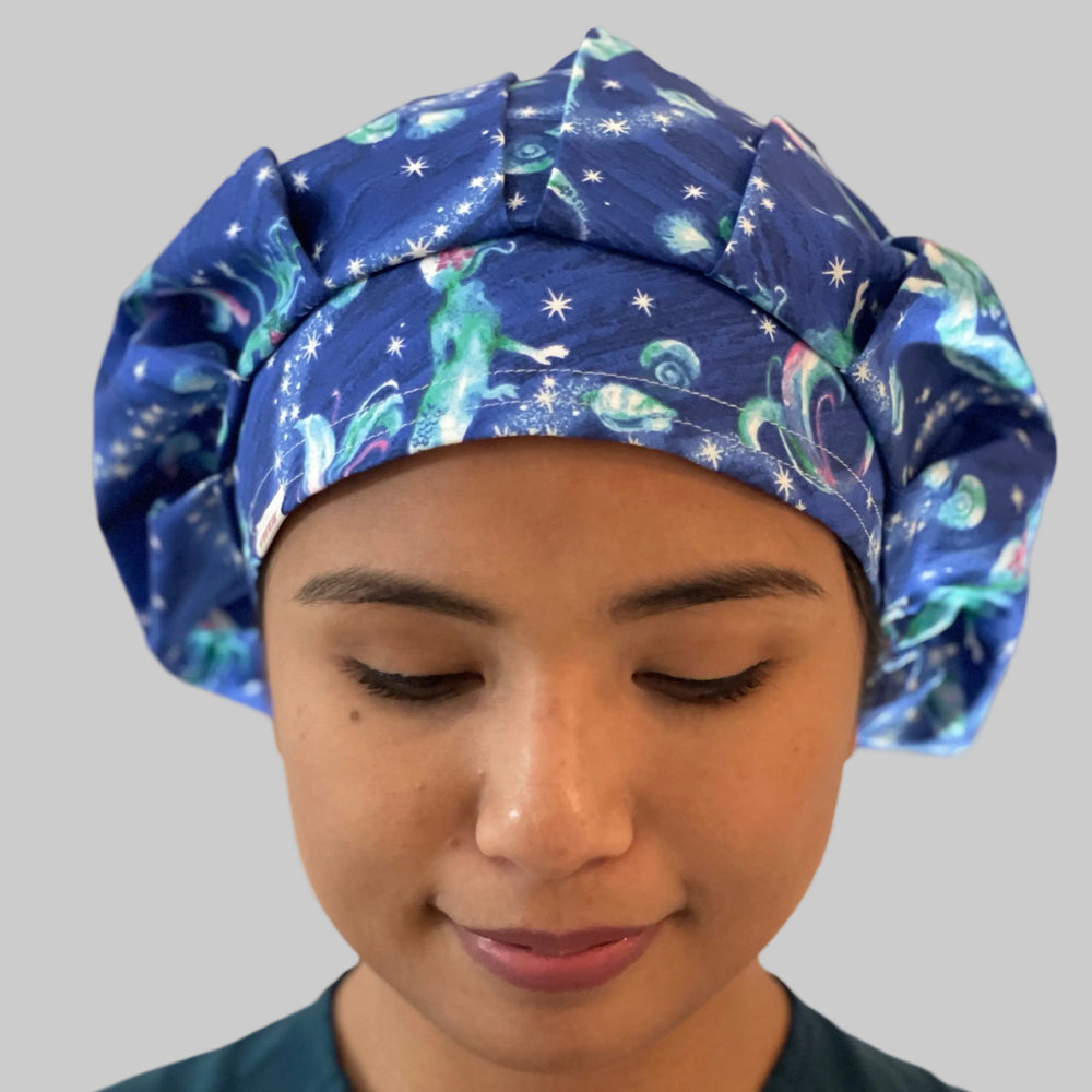 Bouffant Scrub Cap – Mermaid Ocean Galaxy Design – Starry Sea Surgical Hat for Long Hair