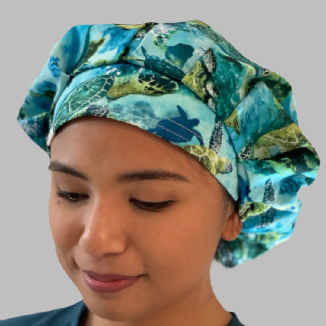 Sea Turtle Bouffant Scrub Cap – Ocean Marine Life Surgical Cap – Tropical Underwater Nurse Hat – Coastal Medical Cap