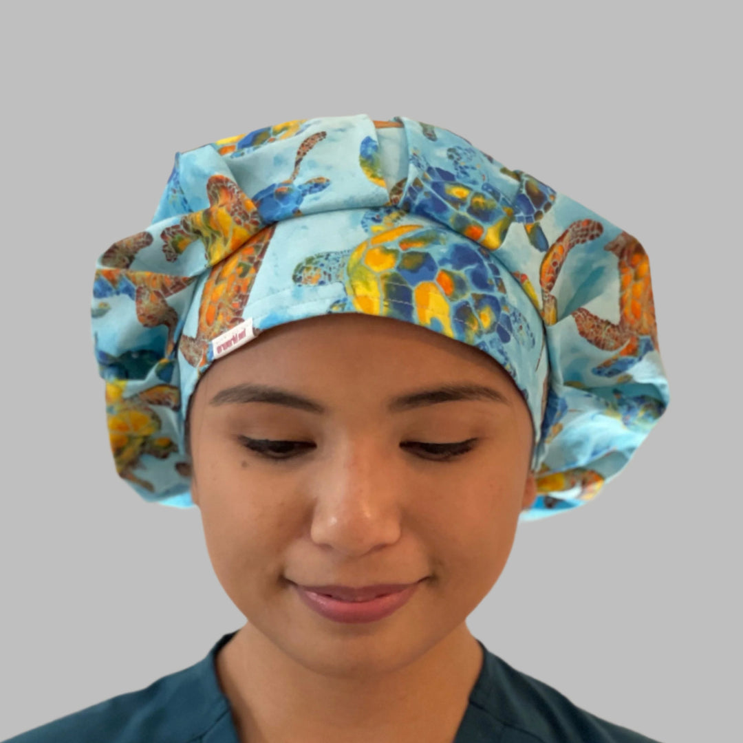 Colorful Sea Turtle Hawaiian Bouffant Scrub Cap | Tropical Ocean Surgical Hat for Nurses