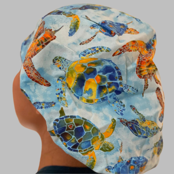 Colorful Sea Turtle Hawaiian Bouffant Scrub Cap | Tropical Ocean Surgical Hat for Nurses