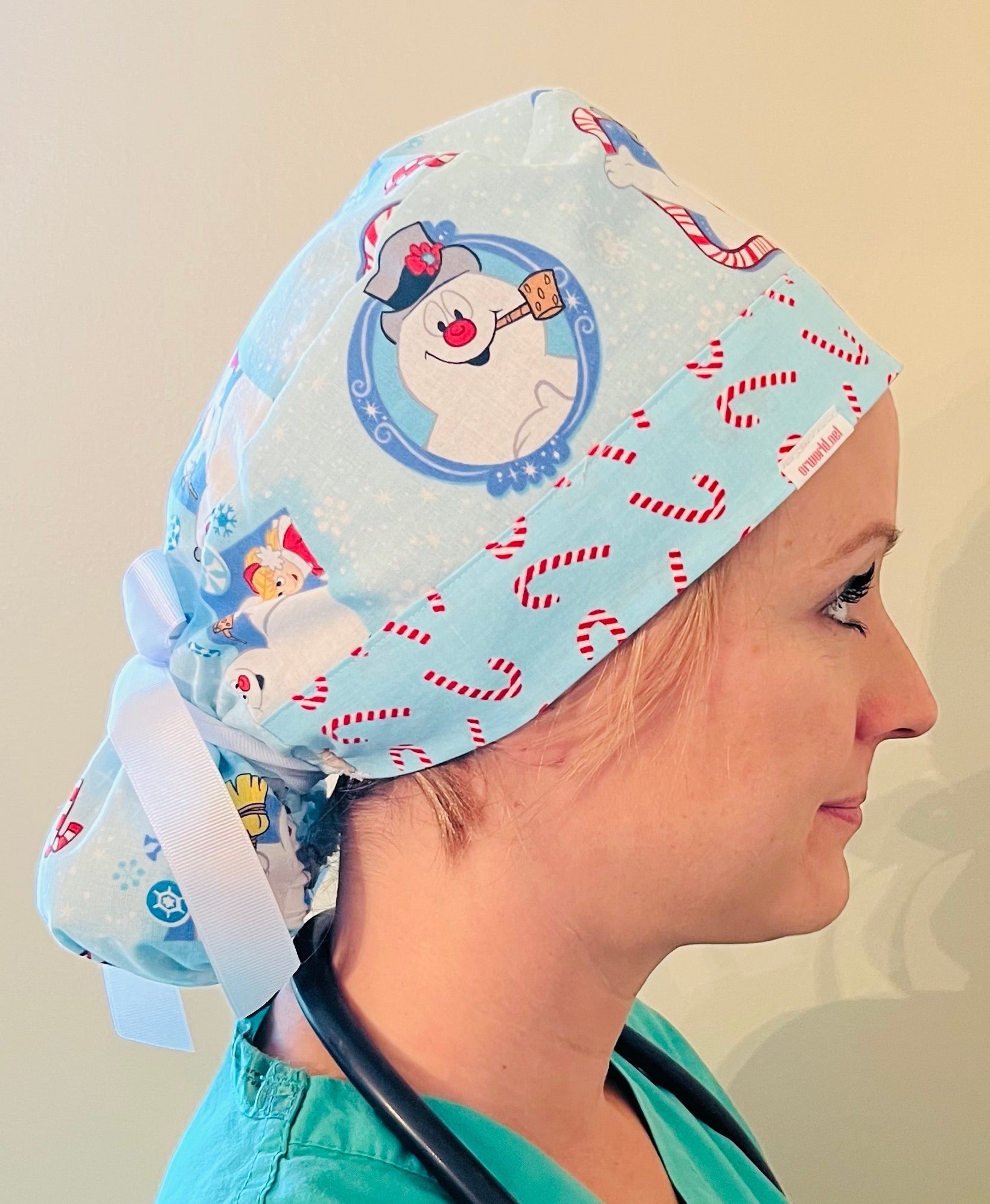 Ponytail Style hat-Frosty the Snowman with white ribbon ties Success Active