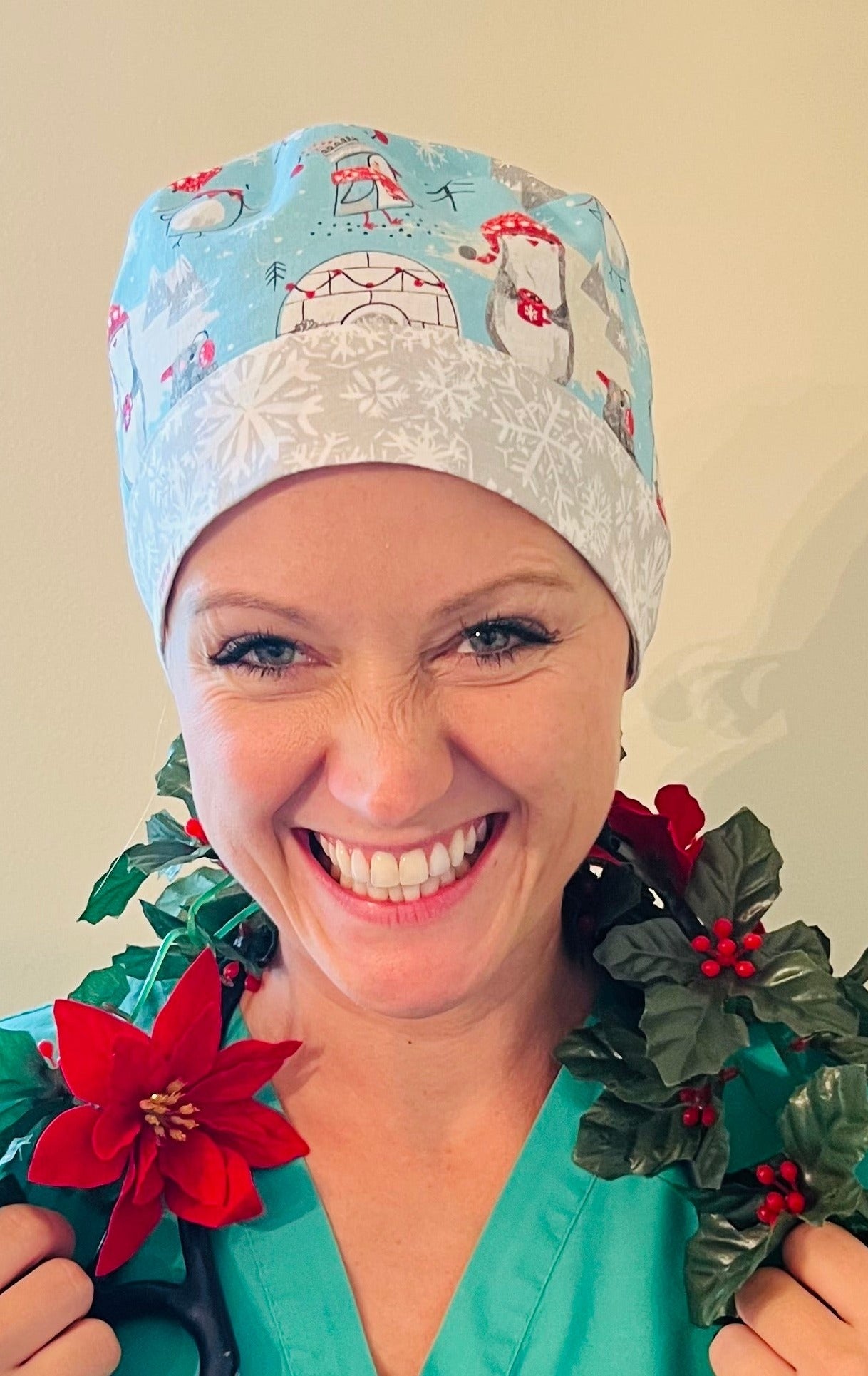 Ponytail Style hat-Penguins-Igloos with red polka dot ribbon ties