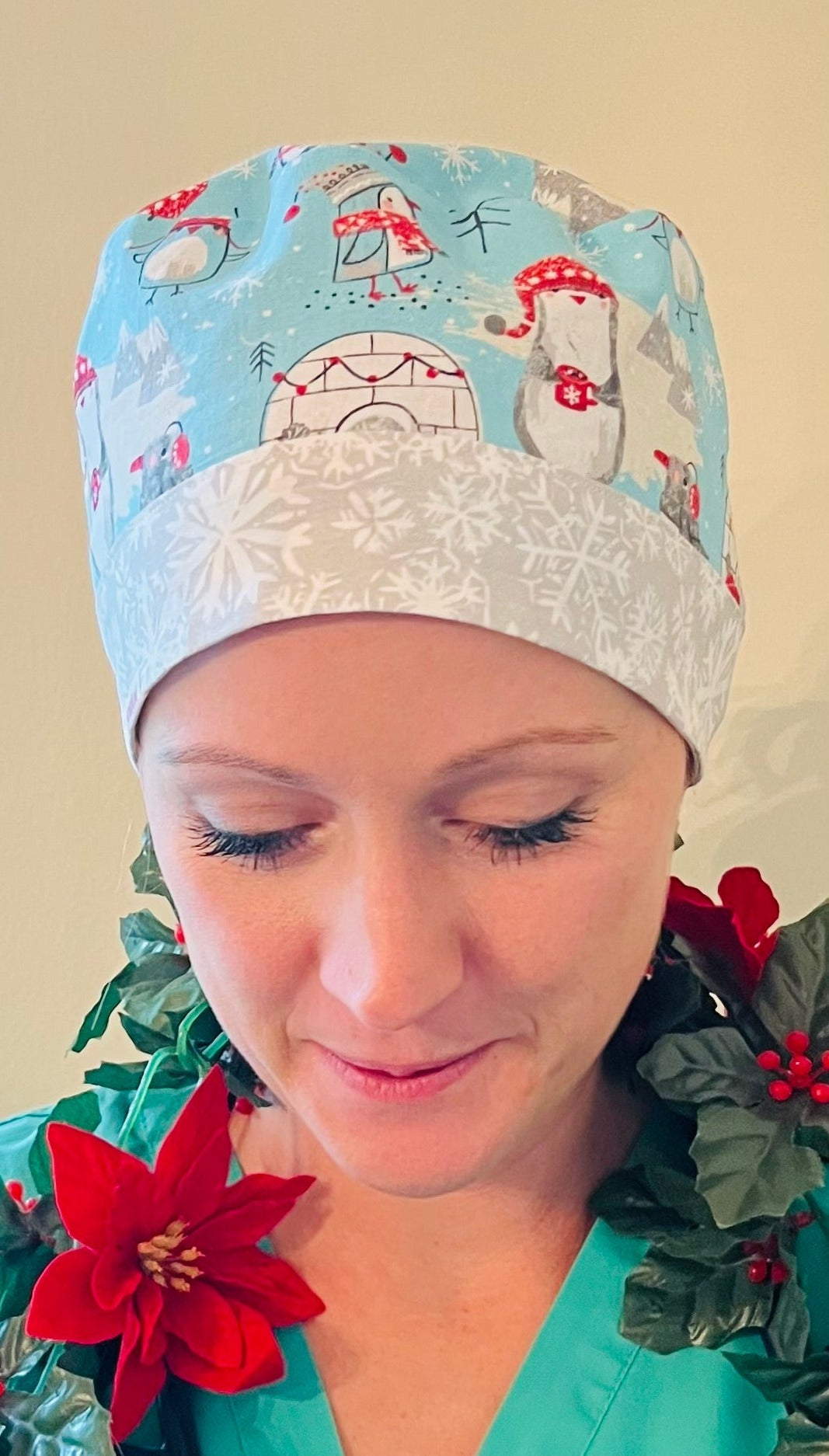 Ponytail Style hat-Penguins-Igloos with red polka dot ribbon ties