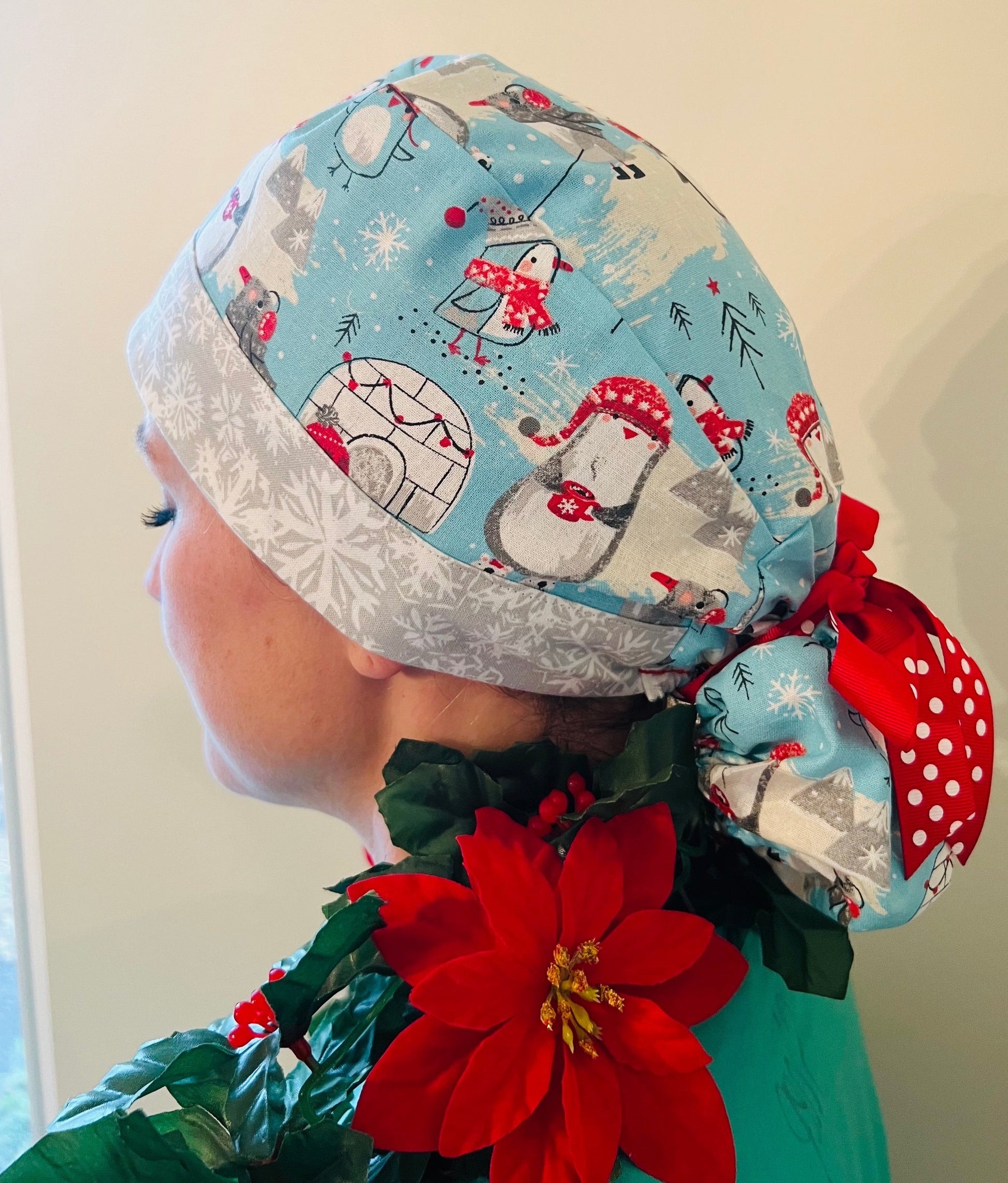 Ponytail Style hat-Penguins-Igloos with red polka dot ribbon ties