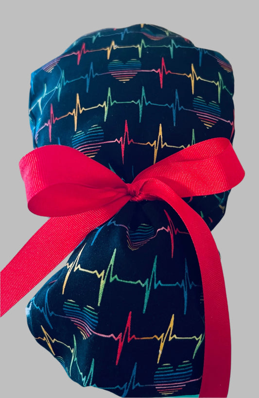Ponytail Scrub Cap for Women Rainbow EKG Heartbeat Cardiology Surgical Hat CRNA Anesthesia Nurse Scrub Cap Cardiac Nurse Heart Surgeon Adjustable Long Hair OR World Scrub Caps