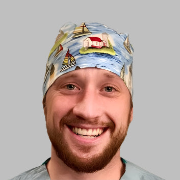 Sailboat Lighthouse Scrub Cap | Nautical Coastal Surgical Cap | Ocean Beach Nurse Hat | Tie Back OR Cap