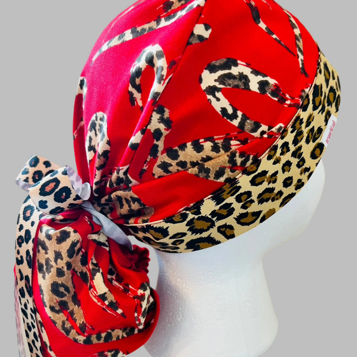 Ponytail Scrub Cap Leopard Print | Adjustable Surgical Hat for Nurses, Surgeons &amp; Healthcare Professionals | Handmade Ponytail OR Cap | Satin Lining Option