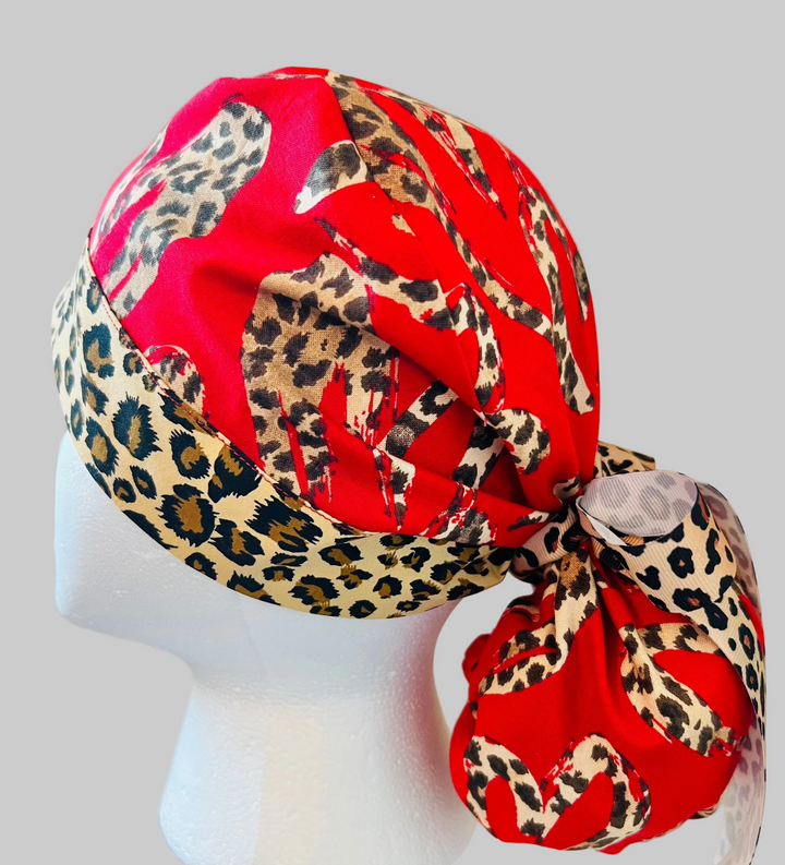 Ponytail Scrub Cap Leopard Print | Adjustable Surgical Hat for Nurses, Surgeons &amp; Healthcare Professionals | Handmade Ponytail OR Cap | Satin Lining Option