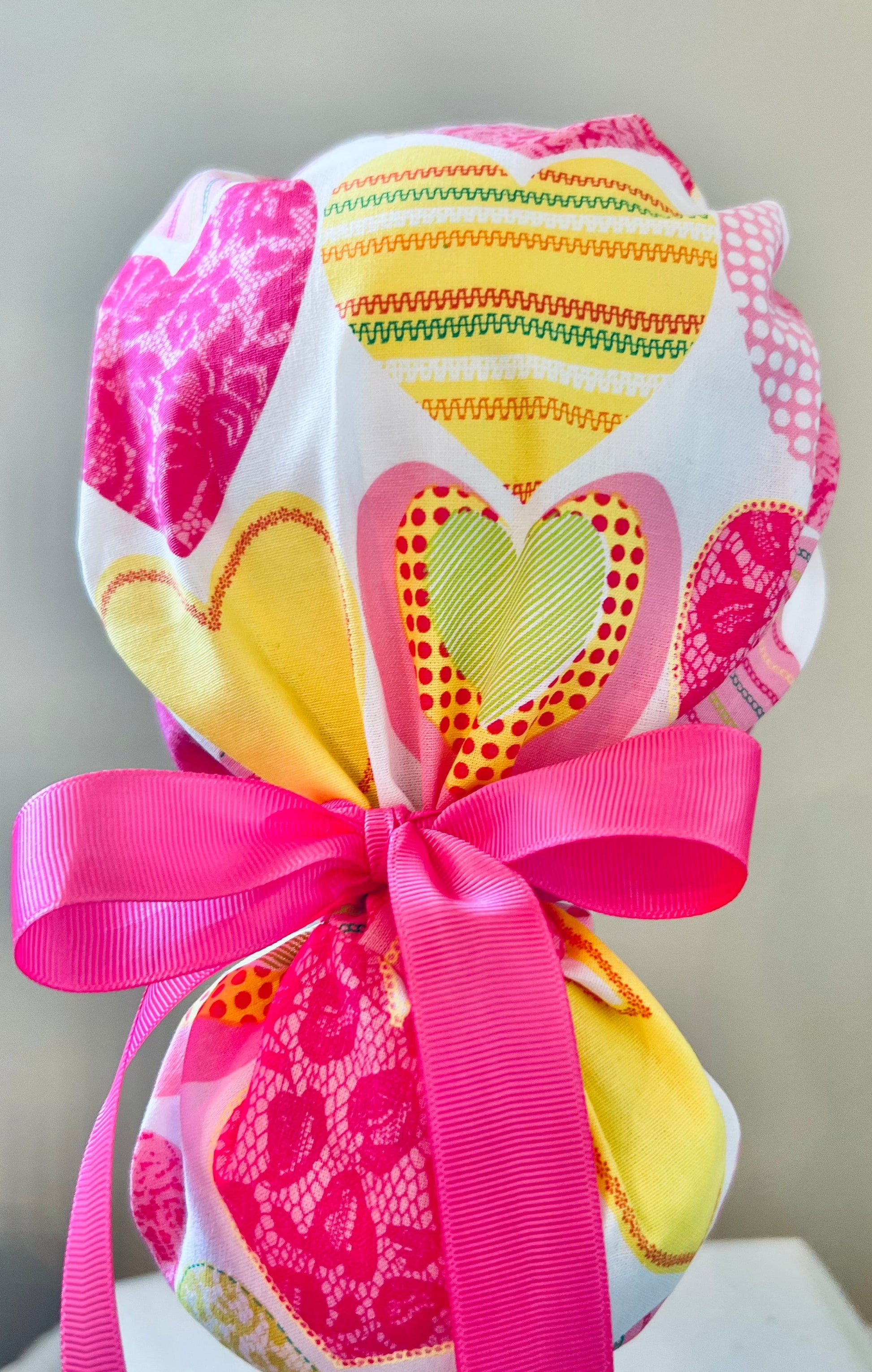 Ponytail Style hat-Valentines Day Hearts with pink ribbon