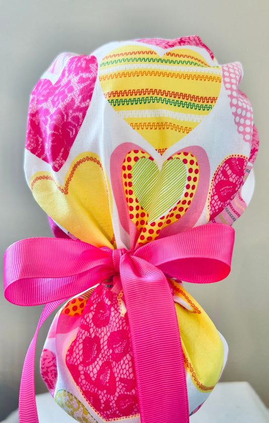 Ponytail Style hat-Valentines Day Hearts with pink ribbon
