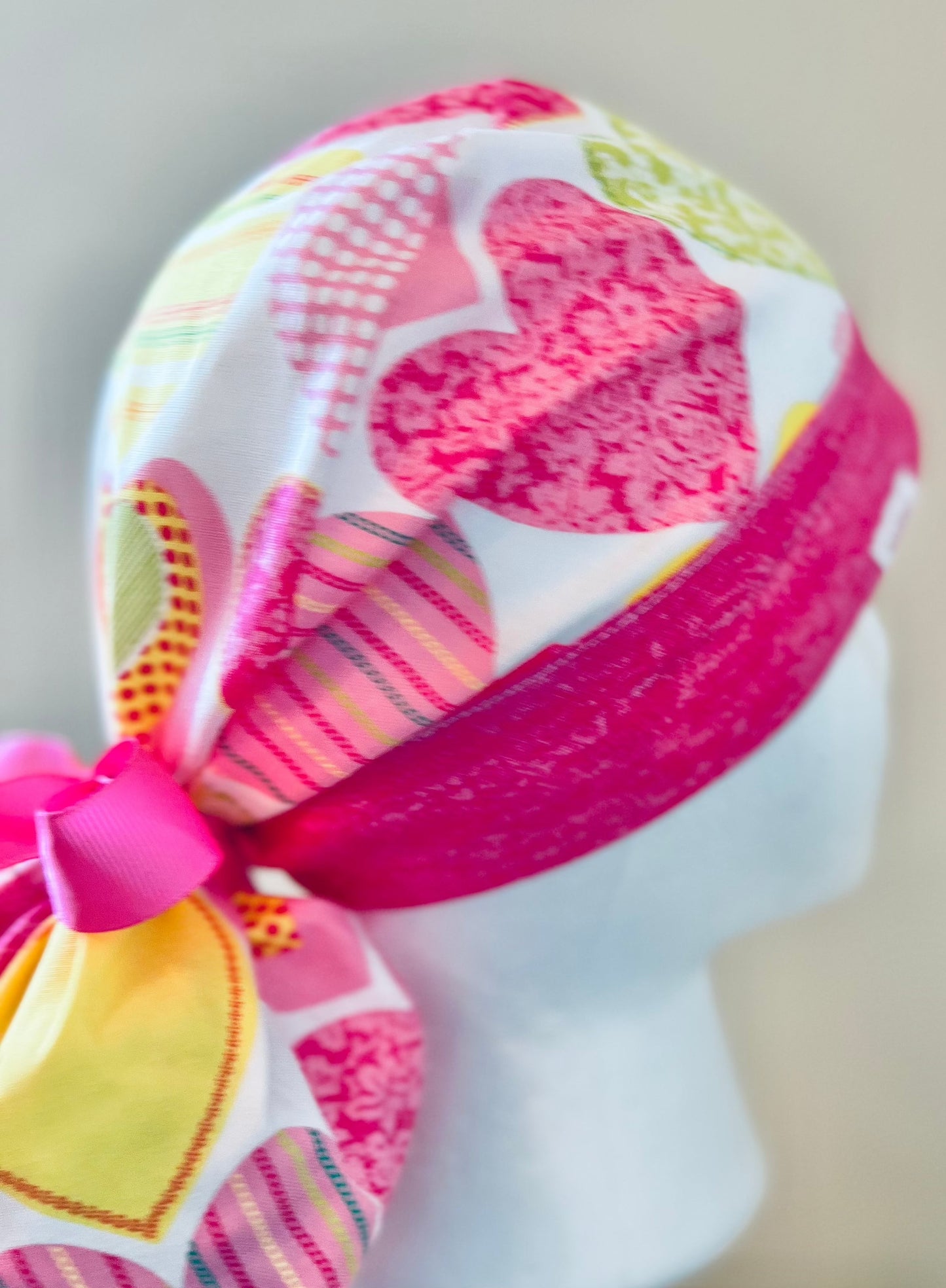 Ponytail Style hat-Valentines Day Hearts with pink ribbon