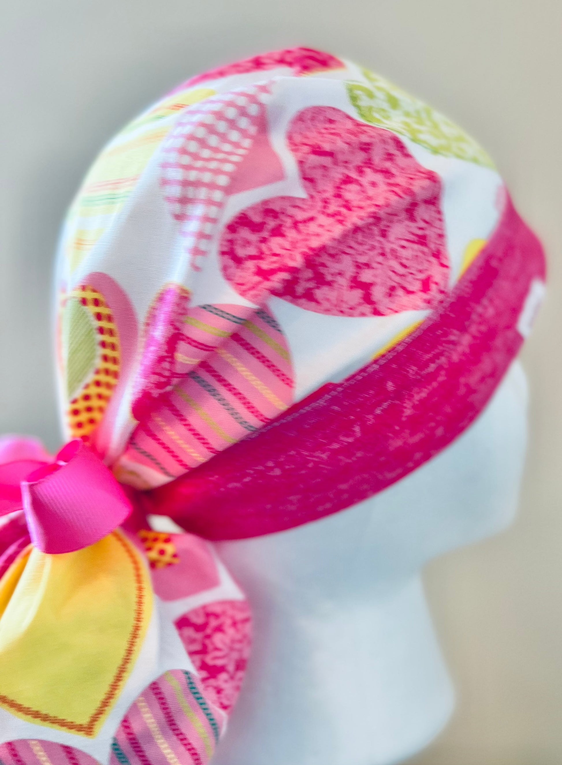Ponytail Style hat-Valentines Day Hearts with pink ribbon