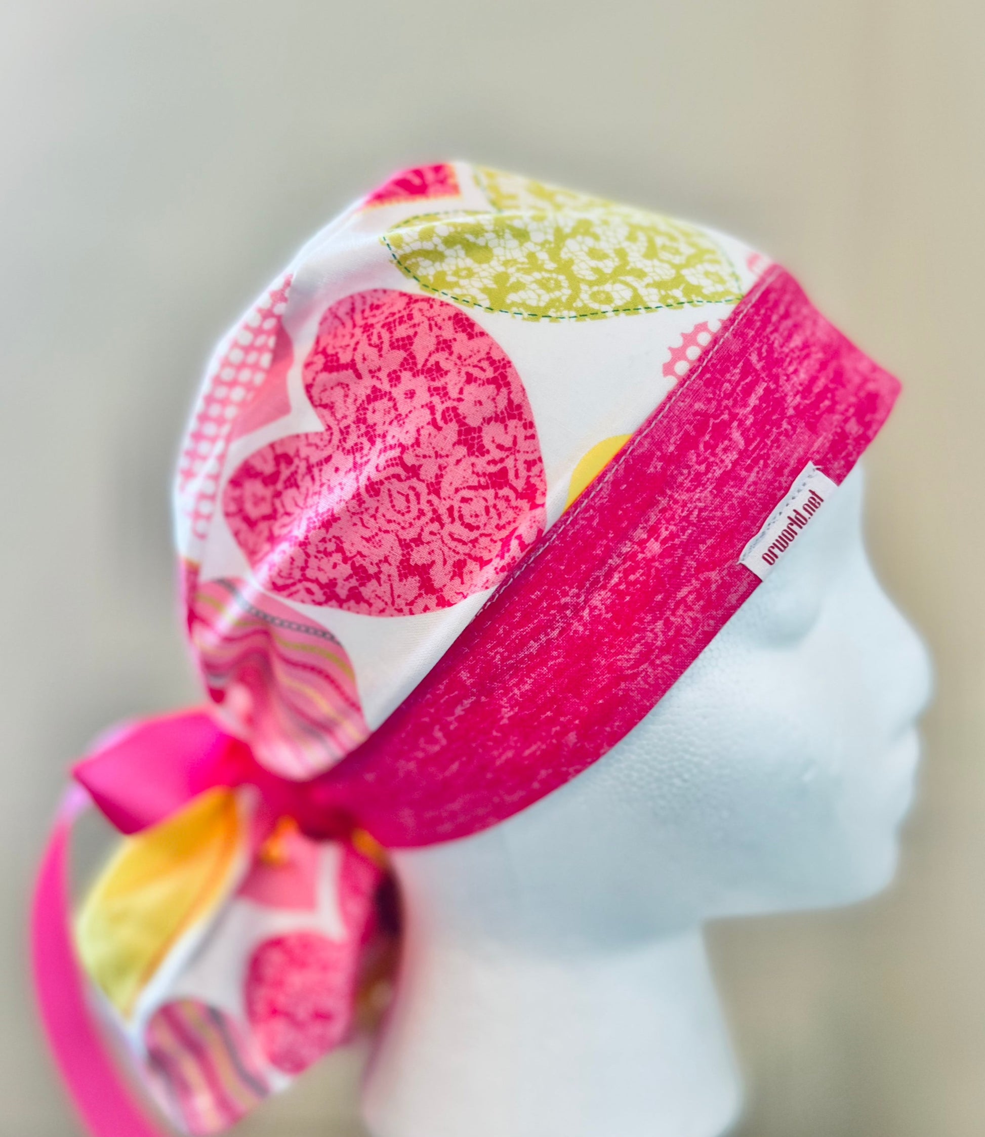 Ponytail Style hat-Valentines Day Hearts with pink ribbon