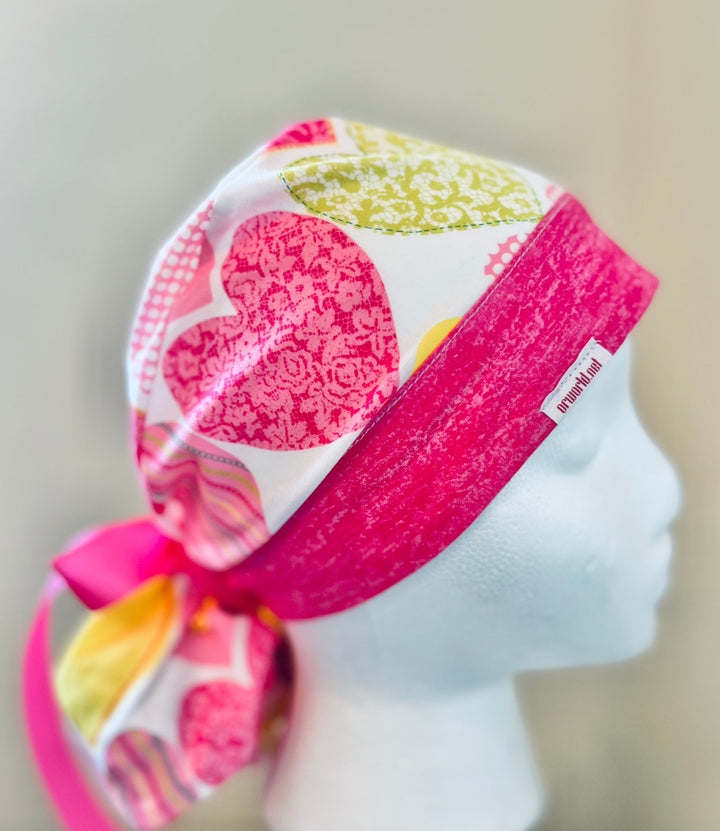 Ponytail Style hat-Valentines Day Hearts with pink ribbon