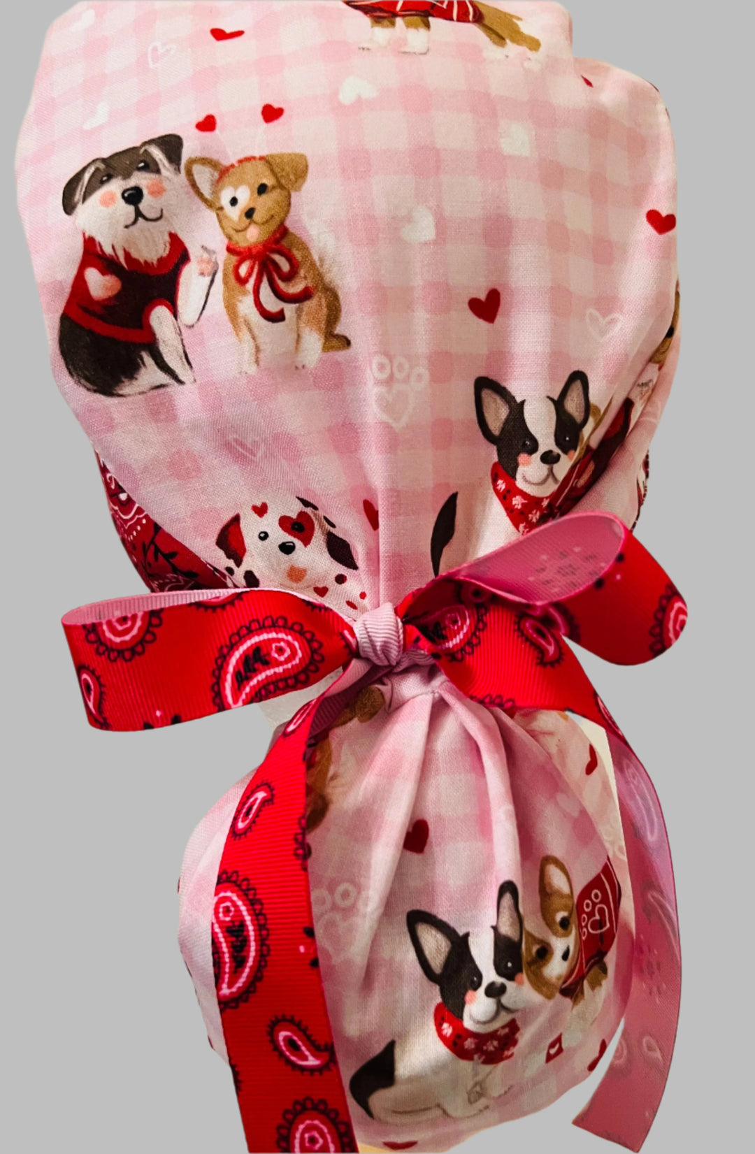 Ponytail Scrub Cap Valentine Dogs Print | Handmade Surgical Hat for Nurses, Veterinarians & Healthcare Professionals | Adjustable Ponytail OR Cap | Satin Lining Option