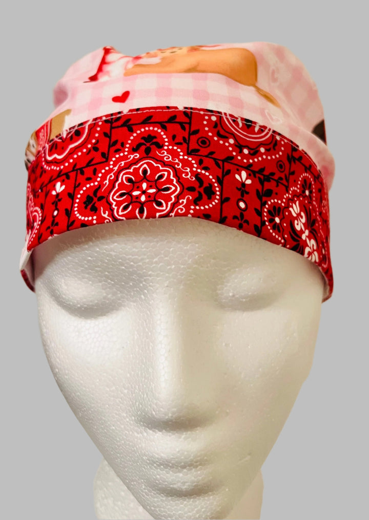 Ponytail Scrub Cap Valentine Dogs Print | Handmade Surgical Hat for Nurses, Veterinarians &amp; Healthcare Professionals | Adjustable Ponytail OR Cap | Satin Lining Option
