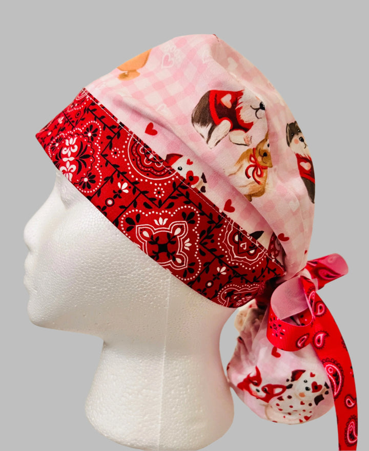 Ponytail Scrub Cap Valentine Dogs Print | Handmade Surgical Hat for Nurses, Veterinarians &amp; Healthcare Professionals | Adjustable Ponytail OR Cap | Satin Lining Option