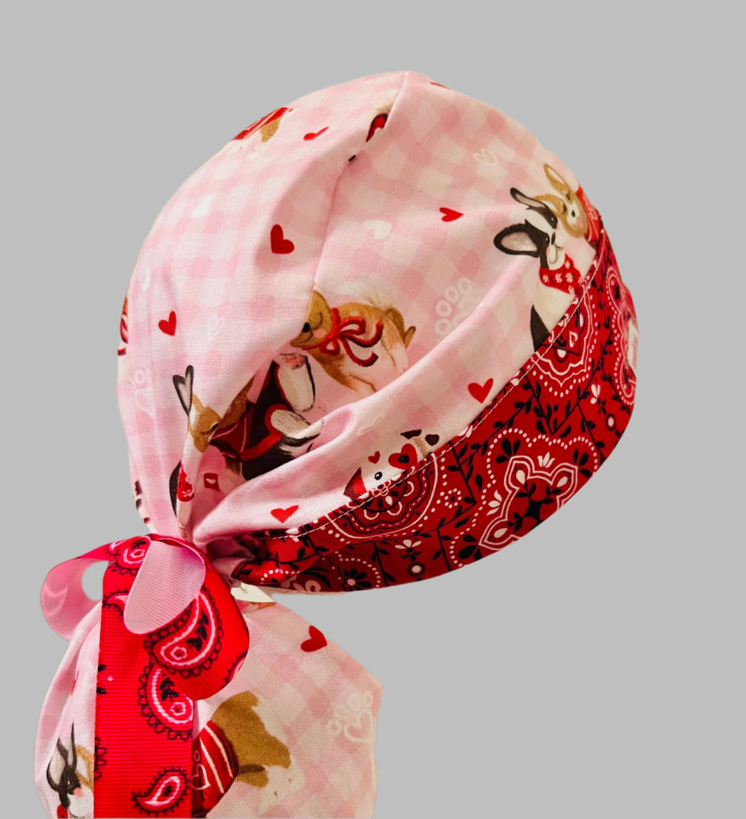 Ponytail Scrub Cap Valentine Dogs Print | Handmade Surgical Hat for Nurses, Veterinarians &amp; Healthcare Professionals | Adjustable Ponytail OR Cap | Satin Lining Option