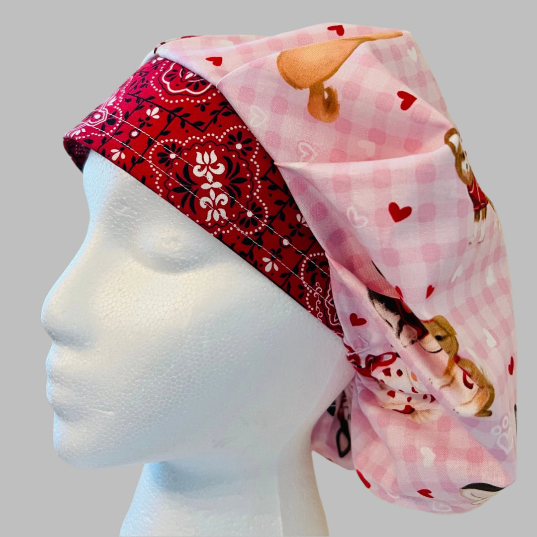 Bouffant Scrub Cap Valentine Dogs Print | Handmade Surgical Hat for Nurses, Veterinarians &amp; Healthcare Professionals | Adjustable OR Cap | Satin Lining Option