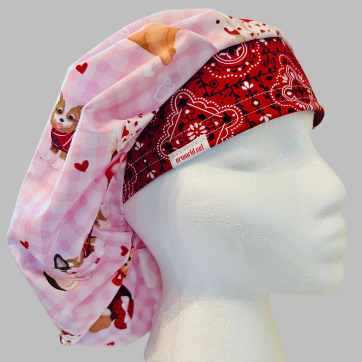 Bouffant Scrub Cap Valentine Dogs Print | Handmade Surgical Hat for Nurses, Veterinarians &amp; Healthcare Professionals | Adjustable OR Cap | Satin Lining Option