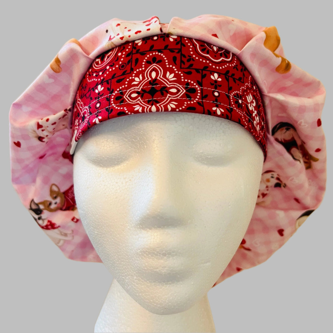 Bouffant Scrub Cap Valentine Dogs Print | Handmade Surgical Hat for Nurses, Veterinarians &amp; Healthcare Professionals | Adjustable OR Cap | Satin Lining Option