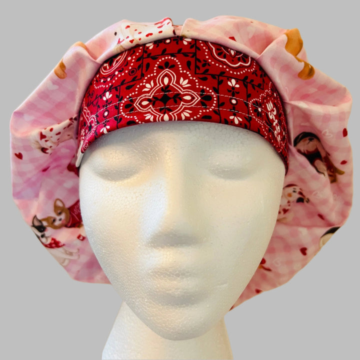 Bouffant Scrub Cap Valentine Dogs Print | Handmade Surgical Hat for Nurses, Veterinarians &amp; Healthcare Professionals | Adjustable OR Cap | Satin Lining Option