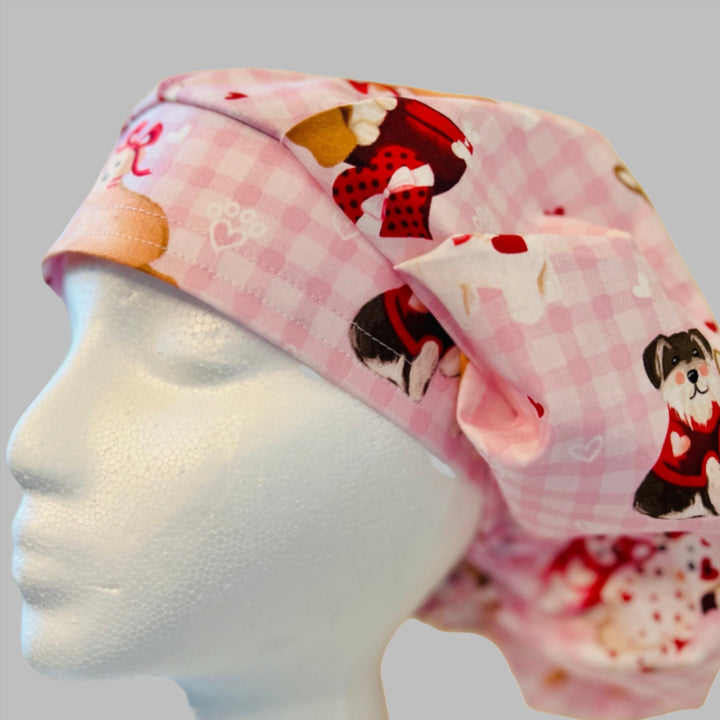 Bouffant Scrub Cap Valentine Puppy Print | Pink Gingham Dog Surgical Hat for Nurses, Vet Techs &amp; Healthcare Professionals | Adjustable OR Cap | Satin Lining Option