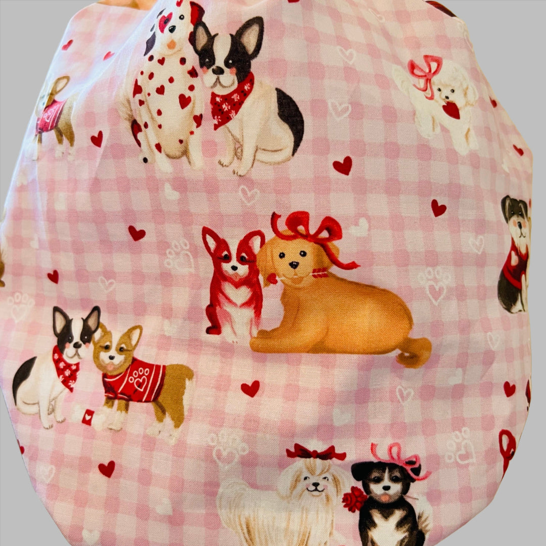 Bouffant Scrub Cap Valentine Puppy Print | Pink Gingham Dog Surgical Hat for Nurses, Vet Techs &amp; Healthcare Professionals | Adjustable OR Cap | Satin Lining Option
