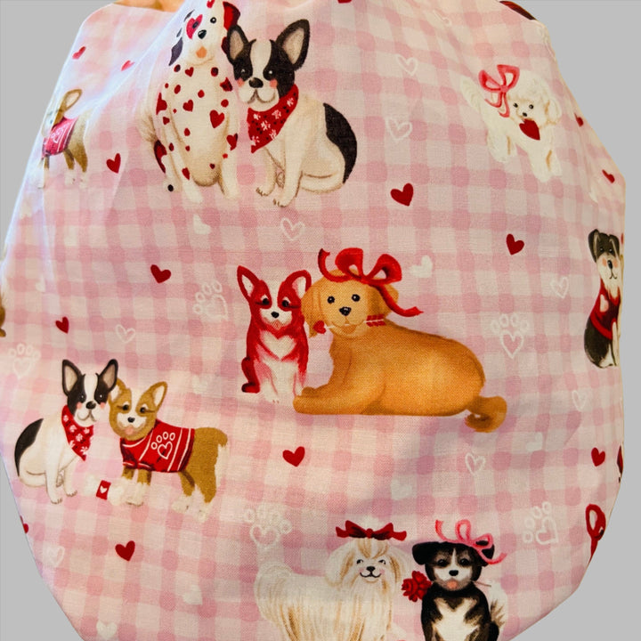 Bouffant Scrub Cap Valentine Puppy Print | Pink Gingham Dog Surgical Hat for Nurses, Vet Techs &amp; Healthcare Professionals | Adjustable OR Cap | Satin Lining Option