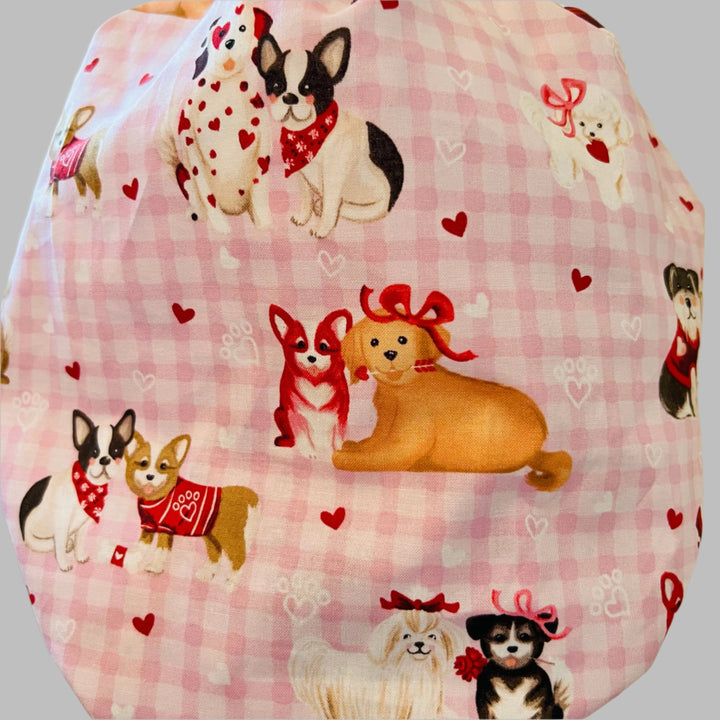 Bouffant Scrub Cap Valentine Dogs Print | Handmade Surgical Hat for Nurses, Veterinarians &amp; Healthcare Professionals | Adjustable OR Cap | Satin Lining Option
