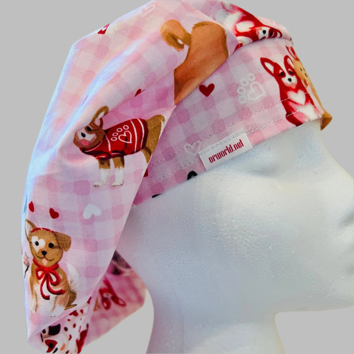 Bouffant Scrub Cap Valentine Puppy Print | Pink Gingham Dog Surgical Hat for Nurses, Vet Techs &amp; Healthcare Professionals | Adjustable OR Cap | Satin Lining Option