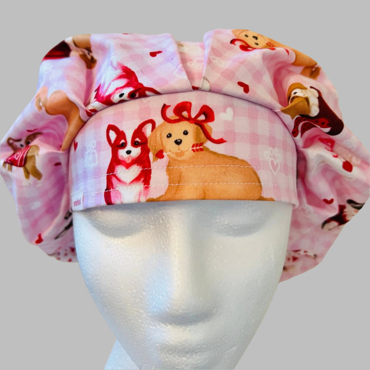 Bouffant Scrub Cap Valentine Puppy Print | Pink Gingham Dog Surgical Hat for Nurses, Vet Techs &amp; Healthcare Professionals | Adjustable OR Cap | Satin Lining Option